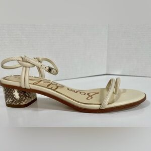 EUC Sam Edelman Cream Strappy Sandals Snake Print Block Heel Toe Ring Size 7.5